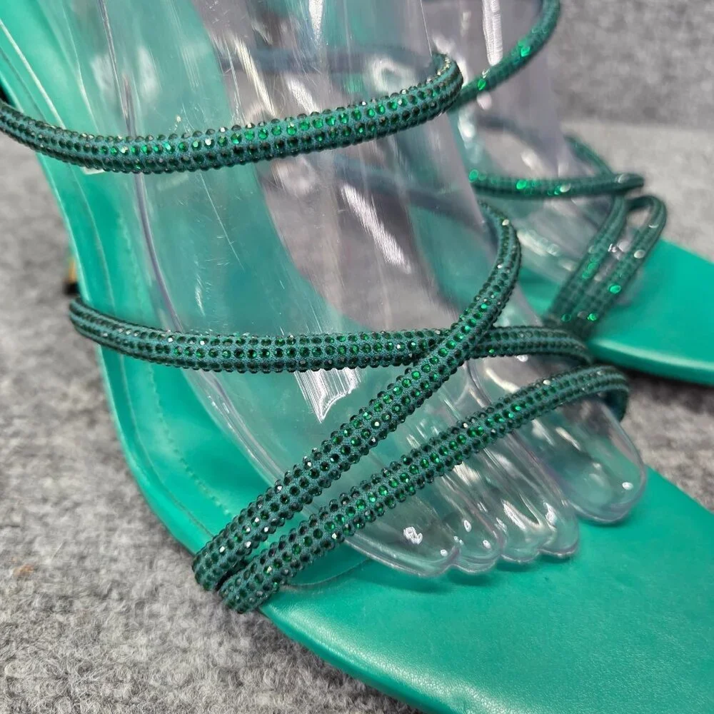 ZARA‎ Green Ankle Rhinestone Open Toe Stiletto Heels Sandals Satin EUR 41 US 10